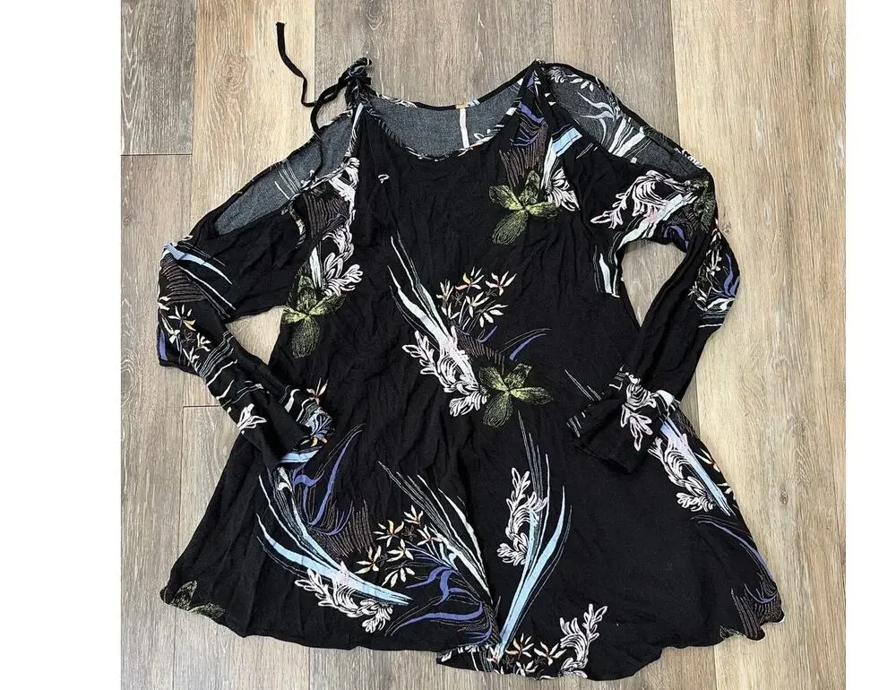 Free People Womens XS Floral Boho Tunic Dress Cold Shoulder Black Flowy Mini